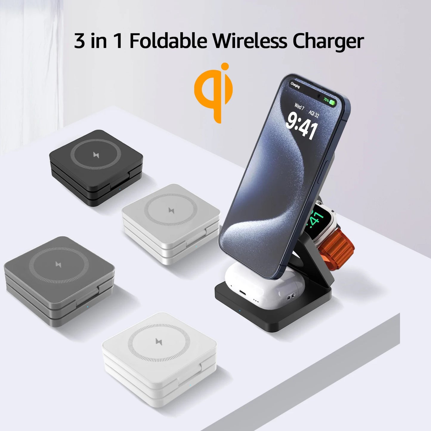 15W Magnetic Trifold Wireless Charger & Mobile Phone Charging Stand,Charging for iPhone 16 15 14 13  ,for Aipods & IWatch
