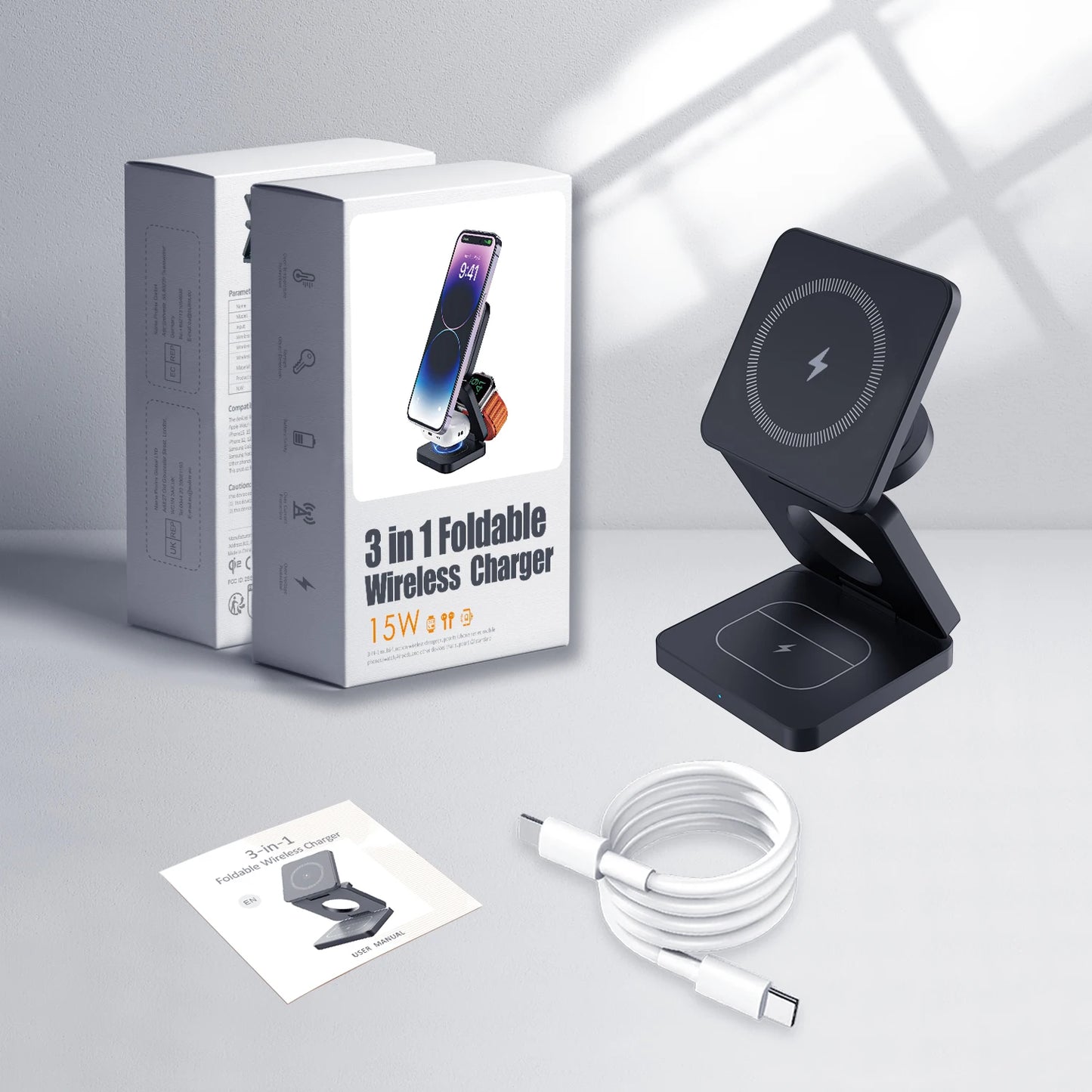 15W Magnetic Trifold Wireless Charger & Mobile Phone Charging Stand,Charging for iPhone 16 15 14 13  ,for Aipods & IWatch